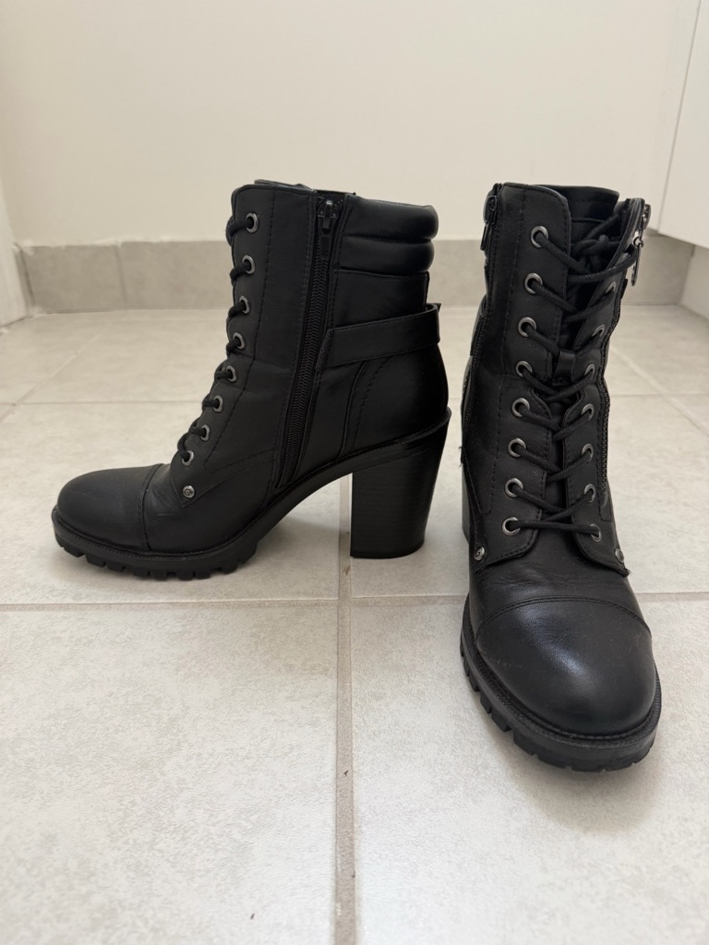 Guess Black Lace-Up Heeled Combat Boots